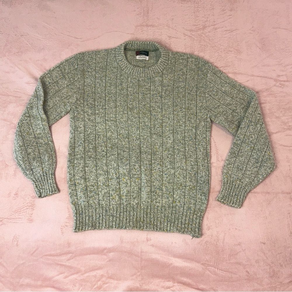 Vintage Dad Sweater L Speckled Green Wool Blend Irish Old Money Vacation Indie